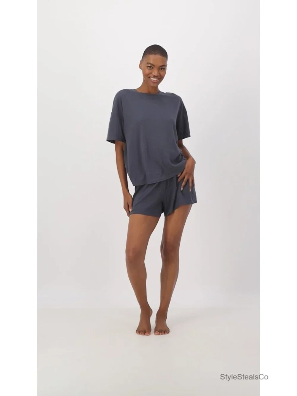 Two-Piece Pajama Set - T-Shirt & Sleep Shorts - Cotton Blend